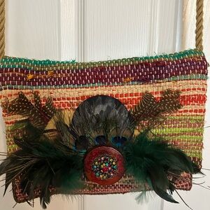 Colorful Woven Shoulder bag with Peacock Feather Detail